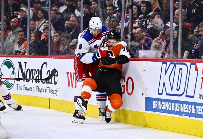 Feb 24, 2024; Philadelphia, Pennsylvania, USA; New York Rangers defenseman Jacob Trouba (8) hits Philadelphia Flyers right wing Owen Tippett (74) in the first period at Wells Fargo Center. Mandatory Credit: Kyle Ross-USA TODAY Sports