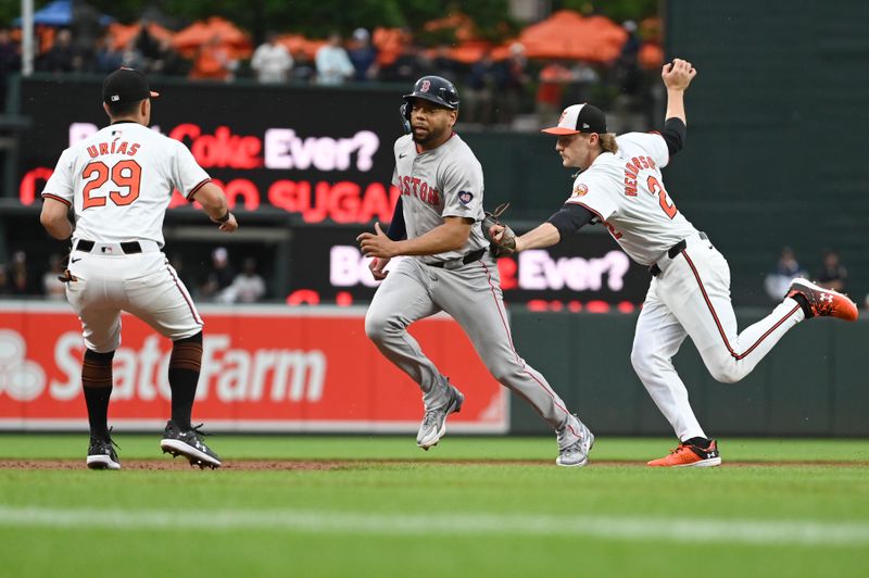 May 29, 2024; Baltimore, Maryland, USA;  Baltimore Orioles shortstop Gunnar Henderson (2) tags out Boston Red Sox first baseman Dominic Smith (2) in a second inning run down in front of  third baseman Ramon Urias (29) at Oriole Park at Camden Yards. Mandatory Credit: Tommy Gilligan-USA TODAY Sports