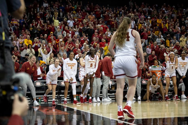 Mar 9, 2024; Kansas City, MO, USA; Iowa State Cyclones players and coaches celebrate after a play against the Baylor Lady Bears during the second half at T-Mobile Center. Mandatory Credit: Amy Kontras-USA TODAY Sports