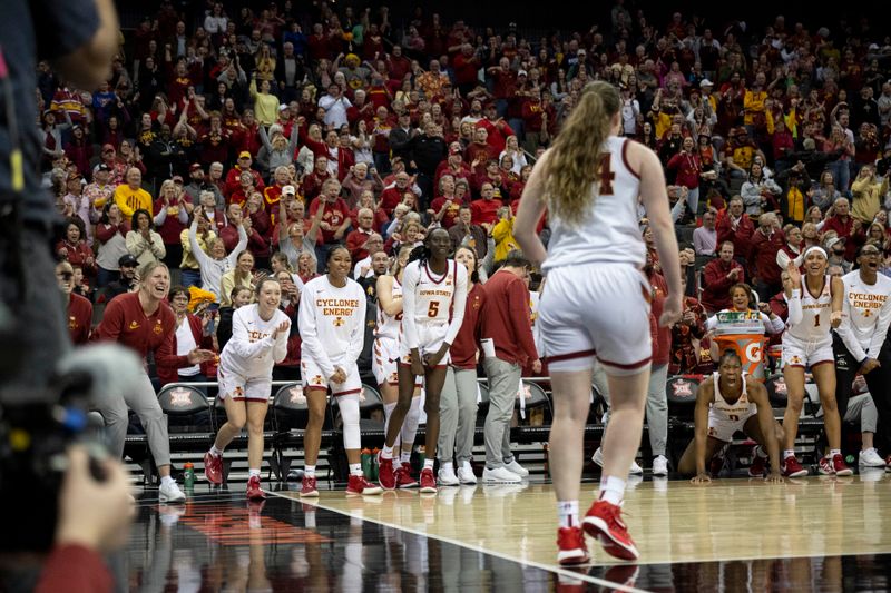 Mar 9, 2024; Kansas City, MO, USA; Iowa State Cyclones players and coaches celebrate after a play against the Baylor Lady Bears during the second half at T-Mobile Center. Mandatory Credit: Amy Kontras-USA TODAY Sports