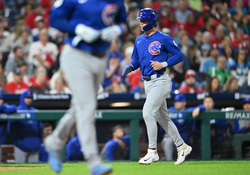 Sep 24, 2024; Philadelphia, Pennsylvania, USA; Chicago Cubs infielder Nico Hoerner (2) advances home to score from a walk against the Philadelphia Phillies in the second inning at Citizens Bank Park. Mandatory Credit: Kyle Ross-Imagn Images