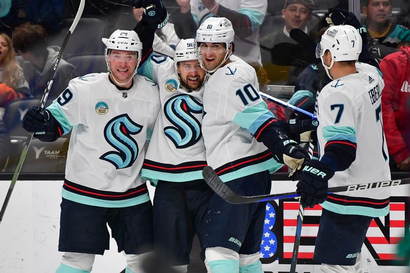 Dec 23, 2023; Anaheim, California, USA; Seattle Kraken left wing Tomas Tatar (90) celebrates his goal scored against the Anaheim Ducks during the third period at Honda Center. Mandatory Credit: Gary A. Vasquez-USA TODAY Sports