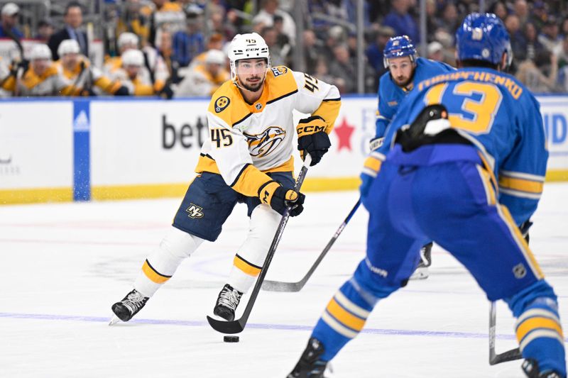 Feb 17, 2024; St. Louis, Missouri, USA; Nashville Predators defenseman Alexandre Carrier (45) skates against the St. Louis Blues during the first period at Enterprise Center. Mandatory Credit: Jeff Le-USA TODAY Sports