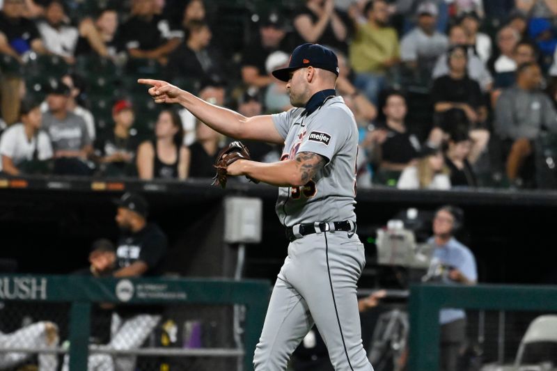 Sep 1, 2023; Chicago, Illinois, USA;  Detroit Tigers relief pitcher Alex Lange (55) gestures after the game against the Chicago White Sox at Guaranteed Rate Field. Mandatory Credit: Matt Marton-USA TODAY Sports