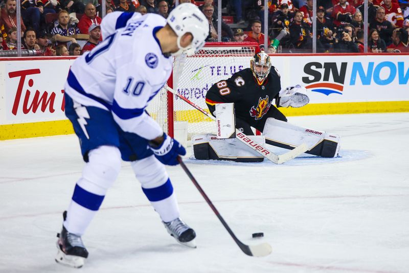 Jan 21, 2023; Calgary, Alberta, CAN; Calgary Flames goaltender Dan Vladar (80) guards his net against Tampa Bay Lightning right wing Corey Perry (10) during the third period at Scotiabank Saddledome. Mandatory Credit: Sergei Belski-USA TODAY Sports