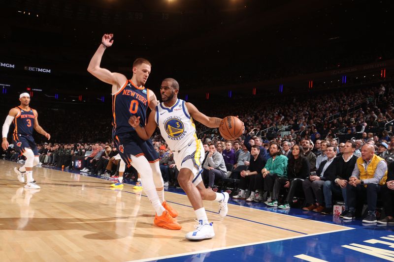 NEW YORK, NY - FEBRUARY 29: Chris Paul #3 of the Golden State Warriors drives to the basket during the game against the New York Knicks on January 29, 2024 at Madison Square Garden in New York City, New York.  NOTE TO USER: User expressly acknowledges and agrees that, by downloading and or using this photograph, User is consenting to the terms and conditions of the Getty Images License Agreement. Mandatory Copyright Notice: Copyright 2024 NBAE  (Photo by Nathaniel S. Butler/NBAE via Getty Images)