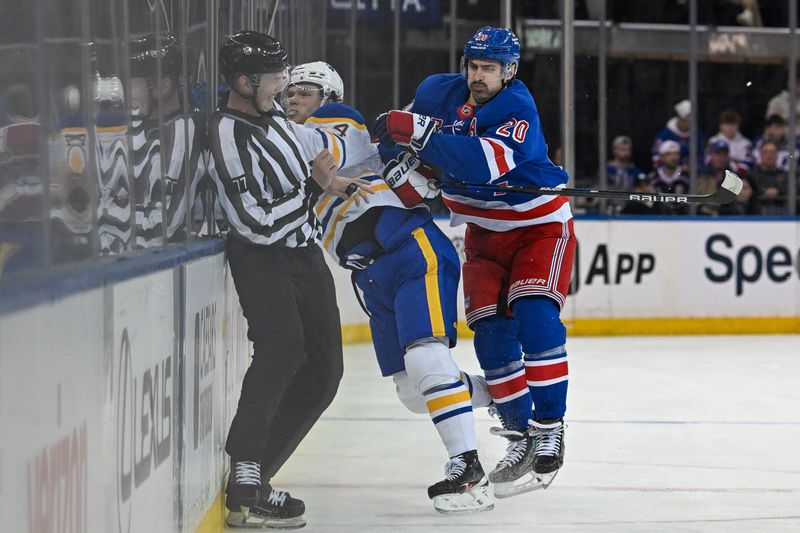 Nov 7, 2024; New York, New York, USA;  New York Rangers left wing Chris Kreider (20) checks Buffalo Sabres defenseman Bowen Byram (4) into the boards during the first period at Madison Square Garden. Mandatory Credit: Dennis Schneidler-Imagn Images