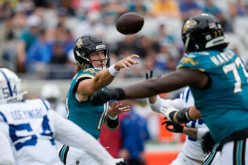 Jacksonville Jaguars quarterback Trevor Lawrence throws during the first half of an NFL football game against the Indianapolis Colts, Sunday, Oct. 6, 2024, in Jacksonville, Fla. (AP Photo/John Raoux)