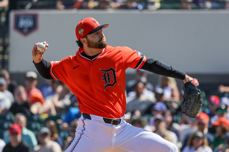 Feb 25, 2026; Lakeland, Florida, USA; Detroit Tigers pitcher Casey Mize (12) pitches during the first inning against the Toronto Blue Jays at Publix Field at Joker Marchant Stadium. Mandatory Credit: Mike Watters-Imagn Images