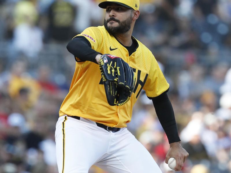 Jul 19, 2024; Pittsburgh, Pennsylvania, USA;  Pittsburgh Pirates starting pitcher Martín Pérez (54) delivers a pitch against the Philadelphia Phillies during the first inning at PNC Park. Mandatory Credit: Charles LeClaire-USA TODAY Sports