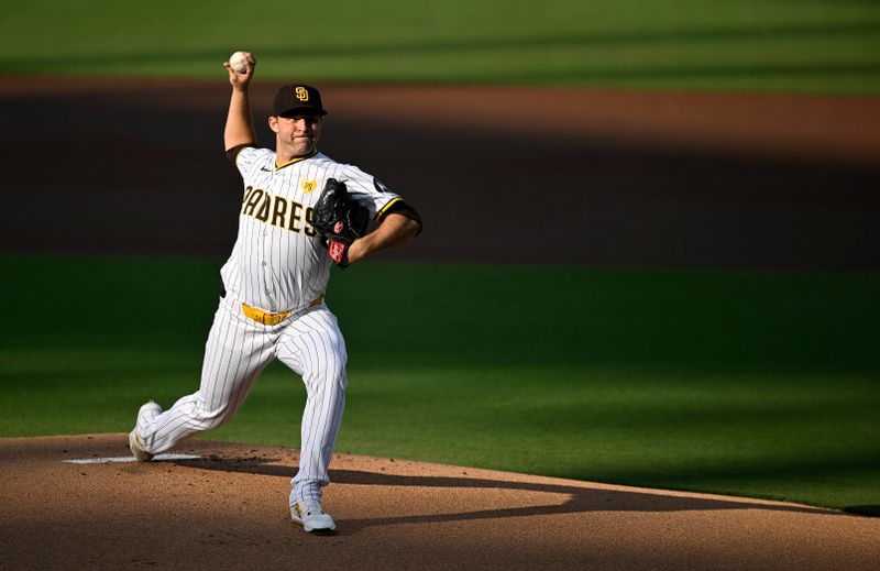 Aug 24, 2024; San Diego, California, USA; San Diego Padres starting pitcher Michael King (34) pitches against the New York Mets during the first inning at Petco Park. Mandatory Credit: Orlando Ramirez-USA TODAY Sports