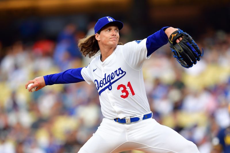 Jul 18, 2025; Los Angeles, California, USA; Los Angeles Dodgers pitcher Tyler Glasnow (31) pitches in the first inning against the Milwaukee Brewers at Dodger Stadium. Mandatory Credit: Gary A. Vasquez-Imagn Images