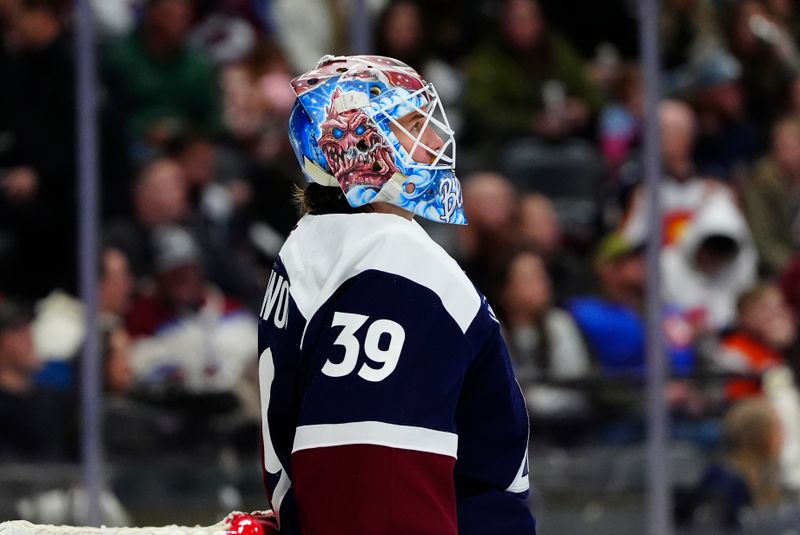 Jan 16, 2026; Denver, Colorado, USA; Colorado Avalanche goaltender MacKenzie Blackwood (39) during the first period against the Nashville Predators at Ball Arena. Mandatory Credit: Ron Chenoy-Imagn Images