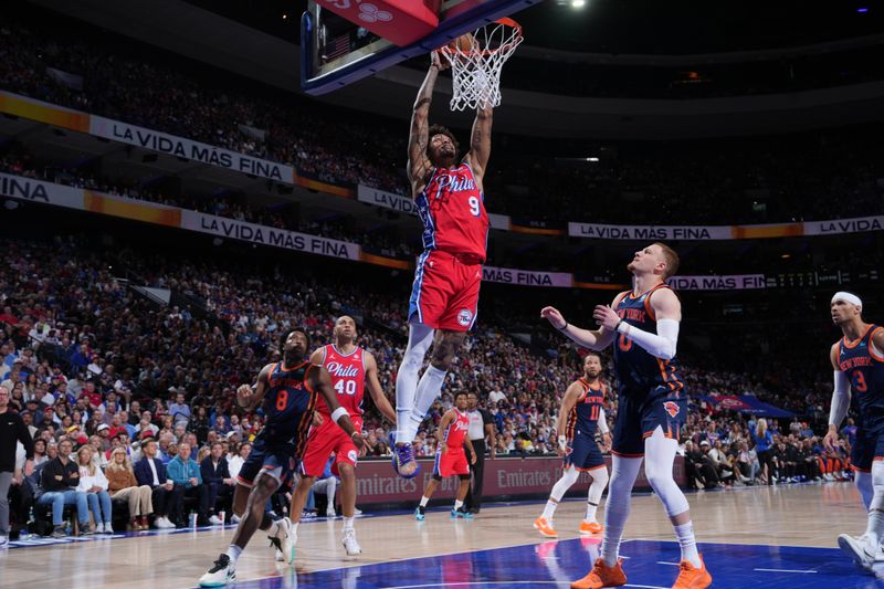 PHILADELPHIA, PA - APRIL 28: Kelly Oubre Jr. #9 of the Philadelphia 76ers dunks the ball during the game against the New York Knicks during Round 1 Game 4 of the 2024 NBA Playoffs on April 28, 2024 at the Wells Fargo Center in Philadelphia, Pennsylvania NOTE TO USER: User expressly acknowledges and agrees that, by downloading and/or using this Photograph, user is consenting to the terms and conditions of the Getty Images License Agreement. Mandatory Copyright Notice: Copyright 2024 NBAE (Photo by Jesse D. Garrabrant/NBAE via Getty Images)