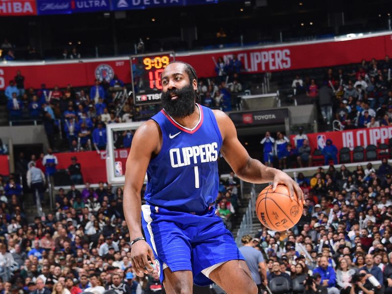 LOS ANGELES, CA - FEBRUARY 12:  James Harden #1 of the LA Clippers handles the ball during the game  on February 12, 2024 at Crypto.Com Arena in Los Angeles, California. NOTE TO USER: User expressly acknowledges and agrees that, by downloading and/or using this Photograph, user is consenting to the terms and conditions of the Getty Images License Agreement. Mandatory Copyright Notice: Copyright 2024 NBAE (Photo by Adam Pantozzi/NBAE via Getty Images)