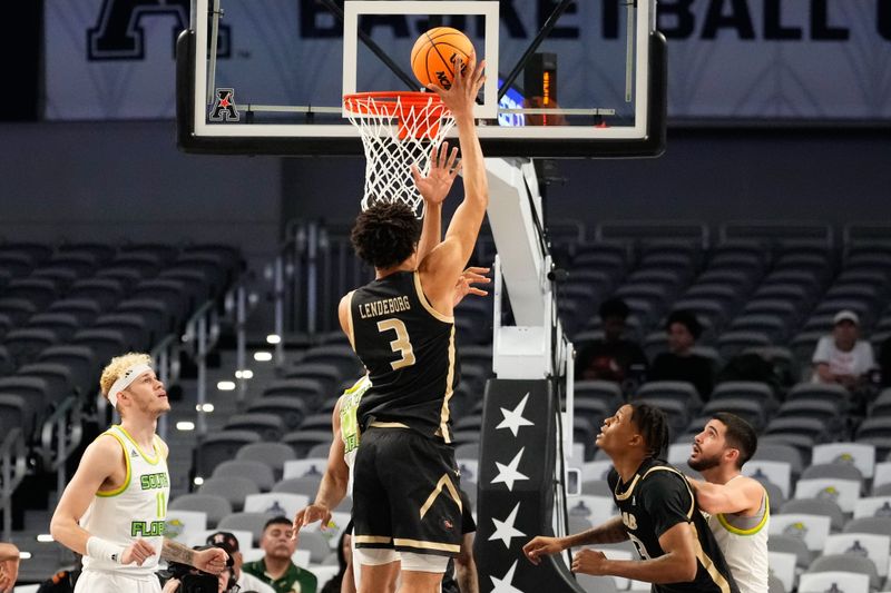 Mar 16, 2024; Fort Worth, TX, USA; UAB Blazers forward Yaxel Lendeborg (3) scores a basket against the South Florida Bulls during the first half at Dickies Arena. Mandatory Credit: Chris Jones-USA TODAY Sports