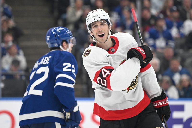 Feb 28, 2026; Toronto, Ontario, CAN;   Ottawa Senators forward Dylan Cozens (24) celebrates after scoring a goal against the Toronto Maple Leafs in the second period at Scotiabank Arena. Mandatory Credit: Dan Hamilton-Imagn Images
