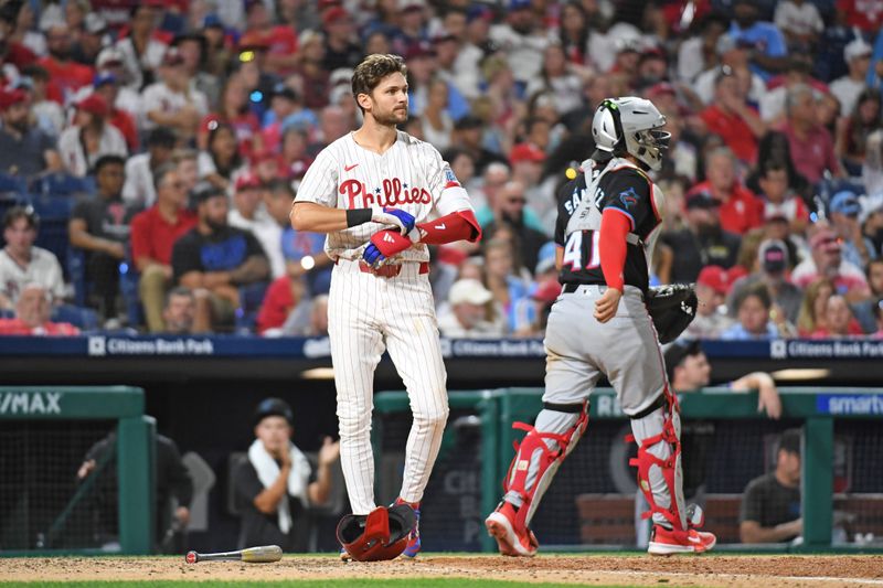 Aug 13, 2024; Philadelphia, Pennsylvania, USA; Philadelphia Phillies shortstop Trea Turner (7) reacts after striking out to end the eighth inning against the Miami Marlins at Citizens Bank Park. Mandatory Credit: Eric Hartline-USA TODAY Sports