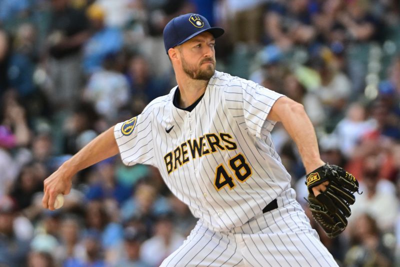 May 28, 2023; Milwaukee, Wisconsin, USA;  Milwaukee Brewers pitcher Colin Rea (48) pitches against the San Francisco Giants in the fifth inning at American Family Field. Mandatory Credit: Benny Sieu-USA TODAY Sports