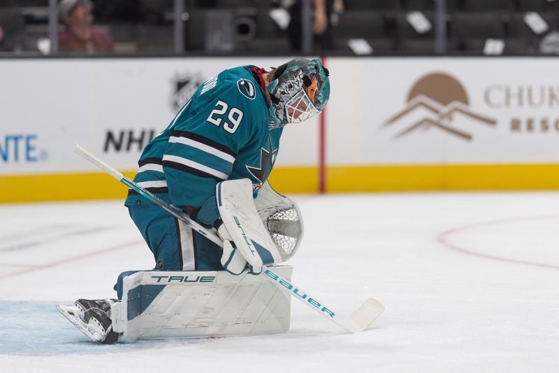 Sep 26, 2023; San Jose, California, USA; San Jose Sharks goaltender Mackenzie Blackwood (29) reacts during the first period against the Anaheim Ducks at SAP Center at San Jose. Mandatory Credit: Stan Szeto-USA TODAY Sports