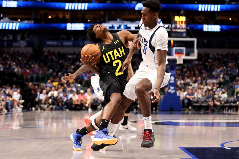 DALLAS, TEXAS - OCTOBER 10: Collin Sexton #2 of the Utah Jazz is fouled by Olivier-Maxence Prosper #8 of the Dallas Mavericks in the second half at American Airlines Center on October 10, 2024 in Dallas, Texas. NOTE TO USER: User expressly acknowledges and agrees that, by downloading and or using this Photograph, user is consenting to the terms and conditions of the Getty Images License Agreement. Mandatory Copyright Notice: Copyright 2024 NBAE  (Photo by Tim Heitman/Getty Images)