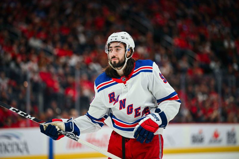 Apr 5, 2024; Detroit, Michigan, USA; New York Rangers center Mika Zibanejad (93) during the third period against the Detroit Red Wings at Little Caesars Arena. Mandatory Credit: Tim Fuller-USA TODAY Sports