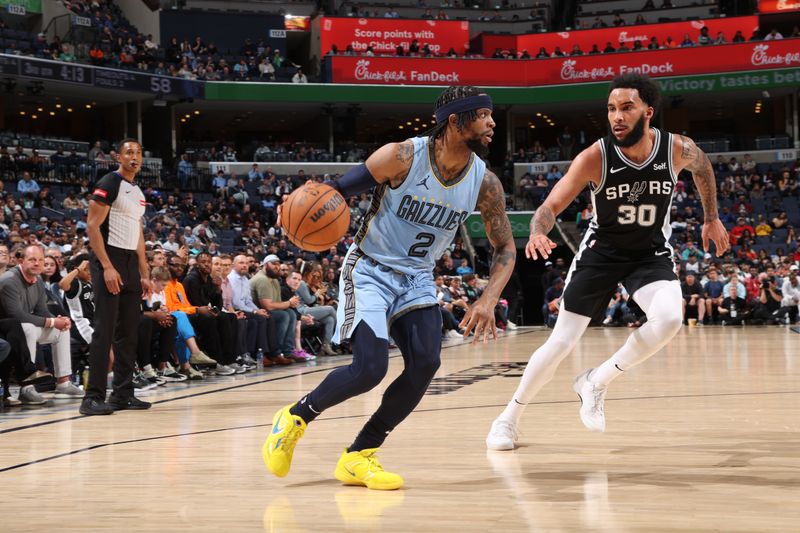 MEMPHIS, TN - APRIL 9: Zavier Simpson #2 of the Memphis Grizzlies dribbles the ball during the game against the San Antonio Spurs on April 9, 2024 at FedExForum in Memphis, Tennessee. NOTE TO USER: User expressly acknowledges and agrees that, by downloading and or using this photograph, User is consenting to the terms and conditions of the Getty Images License Agreement. Mandatory Copyright Notice: Copyright 2024 NBAE (Photo by Joe Murphy/NBAE via Getty Images)