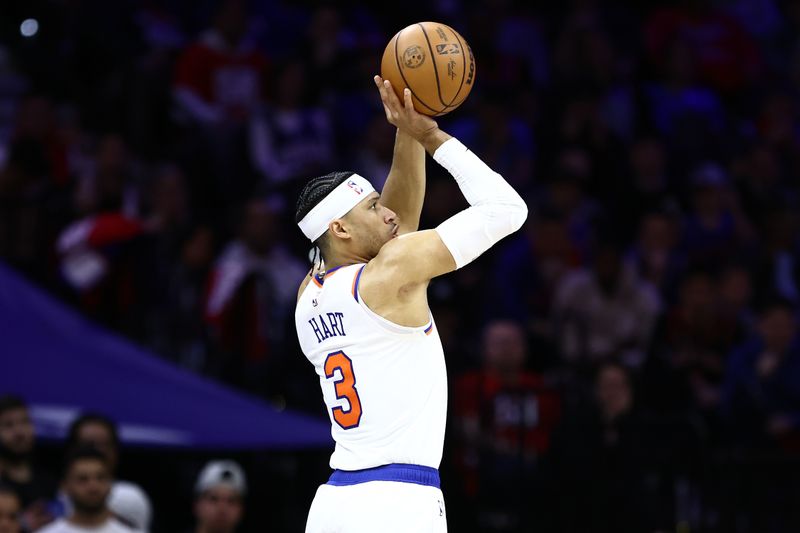 PHILADELPHIA, PENNSYLVANIA - APRIL 25: Josh Hart #3 of the New York Knicks shoots during the third quarter against the Philadelphia 76ers of game three of the Eastern Conference First Round Playoffs at the Wells Fargo Center on April 25, 2024 in Philadelphia, Pennsylvania. NOTE TO USER: User expressly acknowledges and agrees that, by downloading and/or using this Photograph, user is consenting to the terms and conditions of the Getty Images License Agreement. (Photo by Tim Nwachukwu/Getty Images)