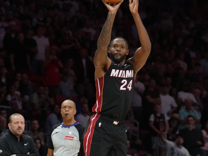 MIAMI, FL - MARCH 02:  Haywood Highsmith #24 of the Miami Heat shoots the ball during the game against the New York Knicks on March 02, 2025 at Kaseya Center in Miami, Florida. NOTE TO USER: User expressly acknowledges and agrees that, by downloading and or using this Photograph, user is consenting to the terms and conditions of the Getty Images License Agreement. Mandatory Copyright Notice: Copyright 2025 NBAE (Photo by Eric Espada/NBAE via Getty Images)