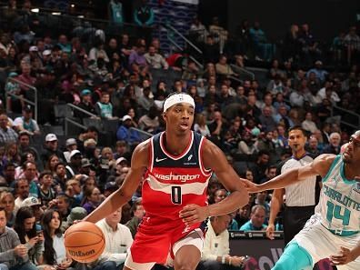 CHARLOTTE, NC - NOVEMBER 22: Bilal Coulibaly #0 of the Washington Wizards drives to the basket during the game against the Charlotte Hornets on November 22, 2023 at Spectrum Center in Charlotte, North Carolina. NOTE TO USER: User expressly acknowledges and agrees that, by downloading and or using this photograph, User is consenting to the terms and conditions of the Getty Images License Agreement. Mandatory Copyright Notice: Copyright 2023 NBAE (Photo by Kent Smith/NBAE via Getty Images)