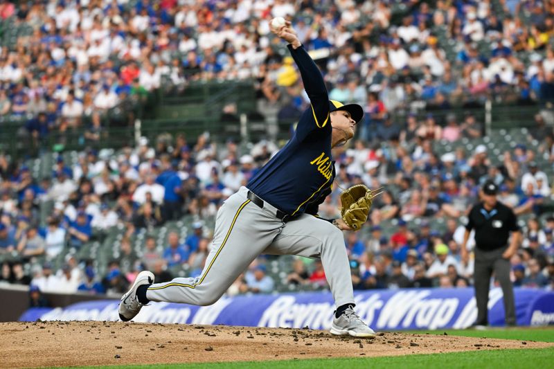 Jul 22, 2024; Chicago, Illinois, USA;  Milwaukee Brewers pitcher Tobias Myers (36) throws during the first inning against the Chicago Cubs at Wrigley Field. Mandatory Credit: Matt Marton-USA TODAY Sports