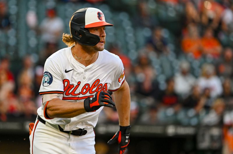 Sep 3, 2024; Baltimore, Maryland, USA;  Baltimore Orioles shortstop Gunnar Henderson (2) runs out a first inning double against the Chicago White Sox at Oriole Park at Camden Yards. Mandatory Credit: Tommy Gilligan-Imagn Images