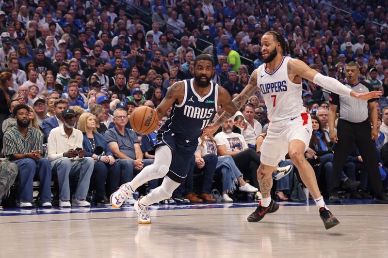 DALLAS, TX - APRIL 28: Kyrie Irving #11 of the Dallas Mavericks dribbles the ball during the game against the LA Clippers during Round 1 Game 4 of the 2024 NBA Playoffs on April 28, 2024 at the American Airlines Center in Dallas, Texas. NOTE TO USER: User expressly acknowledges and agrees that, by downloading and or using this photograph, User is consenting to the terms and conditions of the Getty Images License Agreement. Mandatory Copyright Notice: Copyright 2024 NBAE (Photo by Tim Heitman/NBAE via Getty Images)