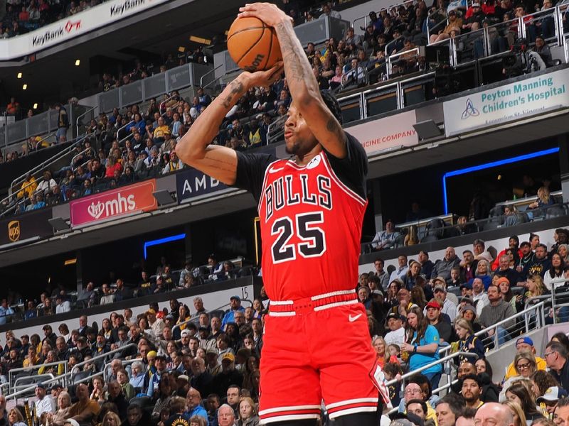 INDIANAPOLIS, IN - MARCH 2: Dalen Terry #25 of the Chicago Bulls shoots a three point basket during the game against the Indiana Pacers on March 2, 2025 at Gainbridge Fieldhouse in Indianapolis, Indiana. NOTE TO USER: User expressly acknowledges and agrees that, by downloading and or using this Photograph, user is consenting to the terms and conditions of the Getty Images License Agreement. Mandatory Copyright Notice: Copyright 2025 NBAE (Photo by Ron Hoskins/NBAE via Getty Images)