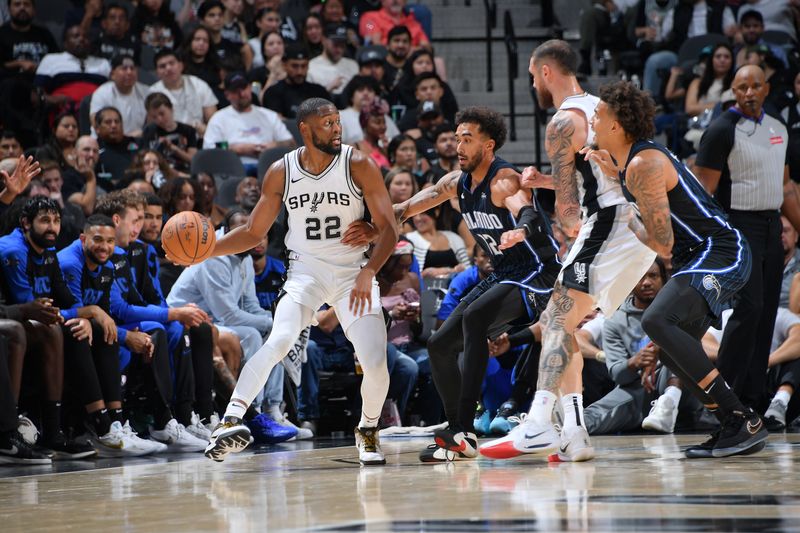 SAN ANTONIO, TX - OCTOBER 9: Malaki Branham #22 of the San Antonio Spurs handles the ball during the game against the Orlando Magic during a NBA preseason game on October 9, 2024 at the Frost Bank Center in San Antonio, Texas. NOTE TO USER: User expressly acknowledges and agrees that, by downloading and or using this photograph, user is consenting to the terms and conditions of the Getty Images License Agreement. Mandatory Copyright Notice: Copyright 2024 NBAE (Photos by Michael Gonzales/NBAE via Getty Images)