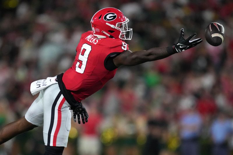 Sep 23, 2023; Athens, Georgia, USA; Georgia Bulldogs wide receiver Jackson Meeks (9) attempts to catch the ball against the UAB Blazers in the first half at Sanford Stadium. Mandatory Credit: Kirby Lee-USA TODAY Sports