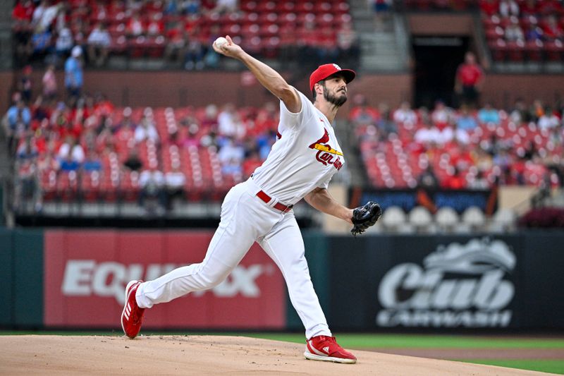 Aug 15, 2023; St. Louis, Missouri, USA;  St. Louis Cardinals starting pitcher Dakota Hudson (43) pitches against the Oakland Athletics during the first inning at Busch Stadium. Mandatory Credit: Jeff Curry-USA TODAY Sports