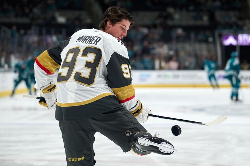 Oct 9, 2025; San Jose, California, USA; Vegas Golden Knights right wing Mitch Marner (93) juggles a puck off of his skate during warmups before the game against the San Jose Sharks at SAP Center at San Jose. Mandatory Credit: Robert Edwards-Imagn Images