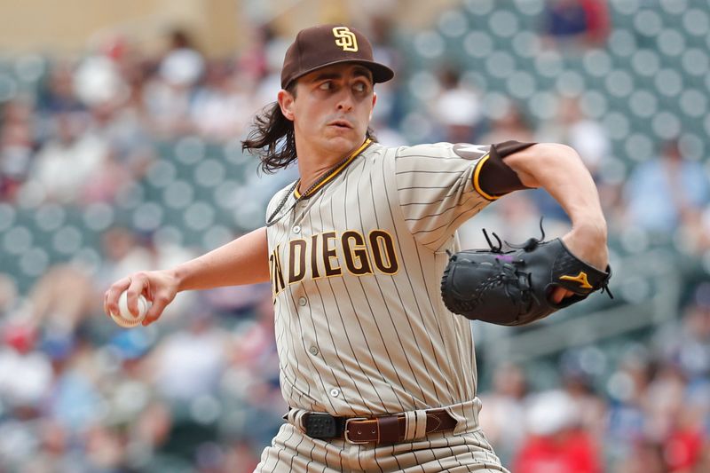 May 11, 2023; Minneapolis, Minnesota, USA; San Diego Padres relief pitcher Brent Honeywell (45) throws to the Minnesota Twins in the seventh inning at Target Field. Mandatory Credit: Bruce Kluckhohn-USA TODAY Sports