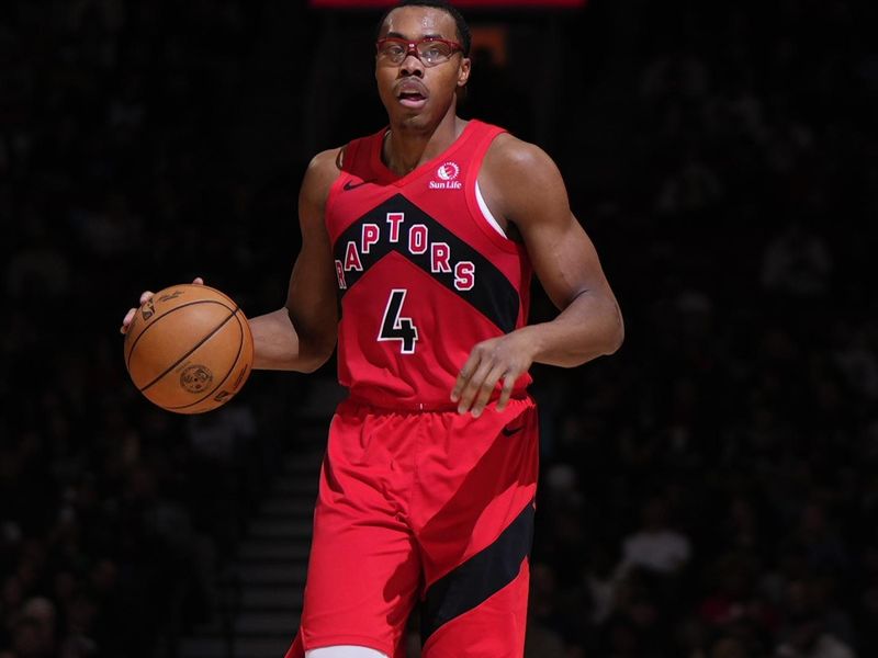 TORONTO, CANADA - DECEMBER 05: Scottie Barnes #4 of the Toronto Raptors handles the ball during the game against the Oklahoma City Thunder on December 05, 2024 at the Scotiabank Arena in Toronto, Ontario, Canada.  NOTE TO USER: User expressly acknowledges and agrees that, by downloading and or using this Photograph, user is consenting to the terms and conditions of the Getty Images License Agreement.  Mandatory Copyright Notice: Copyright 2024 NBAE (Photo by Mark Blinch/NBAE via Getty Images)