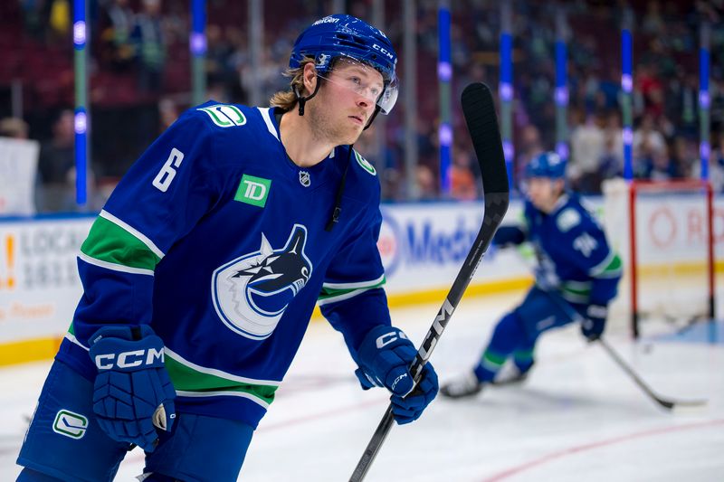 Oct 9, 2024; Vancouver, British Columbia, CAN; Vancouver Canucks forward Brock Boeser (6) skates during warm up prior to a game against the Calgary Flames at Rogers Arena. Mandatory Credit: Bob Frid-Imagn Images