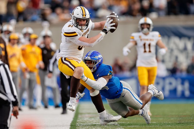 Oct 14, 2023; Colorado Springs, Colorado, USA; Wyoming Cowboys tight end Treyton Welch (81) is pushed out of bounds by Wyoming Cowboys linebacker Micah Young (44) in the second quarter at Falcon Stadium. Mandatory Credit: Isaiah J. Downing-USA TODAY Sports