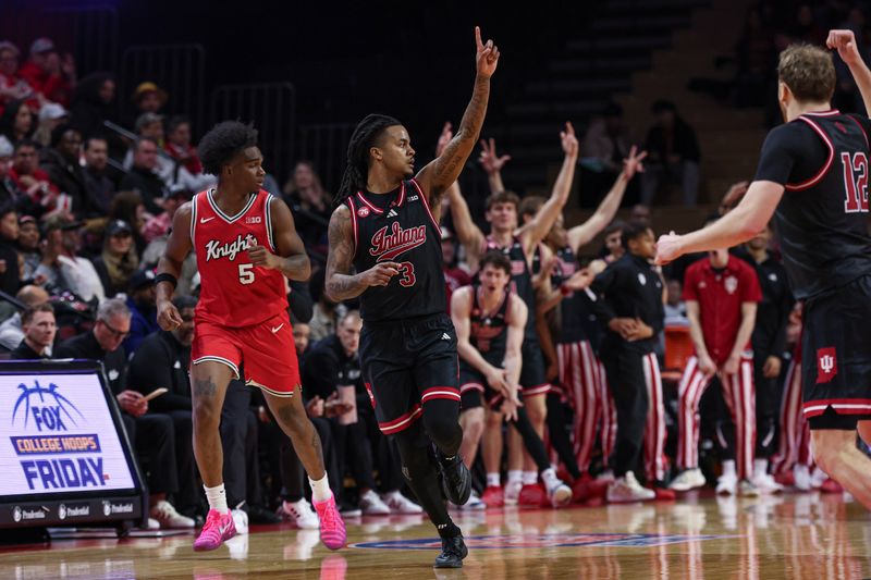 Jan 23, 2026; Piscataway, New Jersey, USA; Indiana Hoosiers guard Lamar Wilkerson (3) reacts after a theree point basket during the second half against the Rutgers Scarlet Knights at Jersey Mike's Arena. Mandatory Credit: Vincent Carchietta-Imagn Images