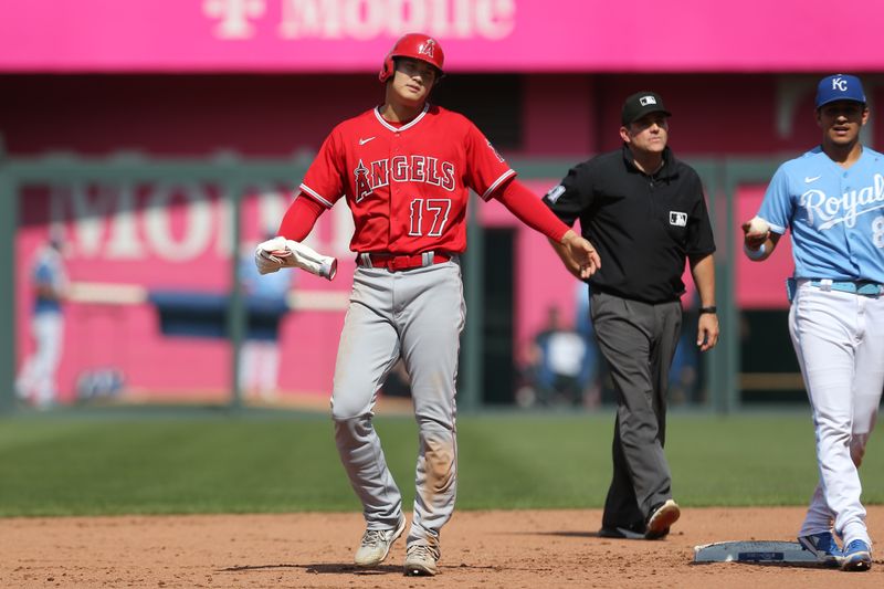 Jun 17, 2023; Kansas City, Missouri, USA; Los Angeles Angels designated hitter Shohei Ohtani (17) reacts to being called out at second base during the fourth inning at Kauffman Stadium. Mandatory Credit: Scott Sewell-USA TODAY Sports