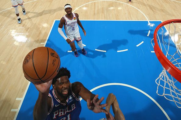 OKLAHOMA CITY, OK - NOVEMBER 25:  Joel Embiid #21 of the Philadelphia 76ers drives to the basket during the game as Chet Holmgren #7 of the Oklahoma City Thunder plays defense on November 25, 2023 at Paycom Arena in Oklahoma City, Oklahoma. NOTE TO USER: User expressly acknowledges and agrees that, by downloading and or using this photograph, User is consenting to the terms and conditions of the Getty Images License Agreement. Mandatory Copyright Notice: Copyright 2023 NBAE (Photo by Zach Beeker/NBAE via Getty Images)