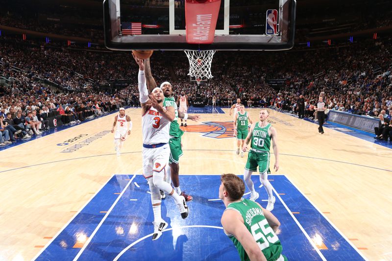 NEW YORK, NY - MAY 16: Josh Hart #3 of the New York Knicks drives to the basket during the game against the Boston Celtics during Round 2 Game 6 of the 2025 NBA Playoffs on May 16, 2025 at Madison Square Garden in New York City, New York.  NOTE TO USER: User expressly acknowledges and agrees that, by downloading and or using this photograph, User is consenting to the terms and conditions of the Getty Images License Agreement. Mandatory Copyright Notice: Copyright 2025 NBAE  (Photo by Nathaniel S. Butler/NBAE via Getty Images)