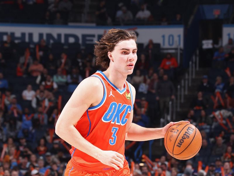 CHICAGO, IL - JANUARY 23: Josh Giddey #3 of the Oklahoma City Thunder handles the ball during the game against the Portland Trail Blazers on January 23, 2024 at United Center in Chicago, Illinois. NOTE TO USER: User expressly acknowledges and agrees that, by downloading and or using this photograph, User is consenting to the terms and conditions of the Getty Images License Agreement. Mandatory Copyright Notice: Copyright 2024 NBAE (Photo by Jeff Haynes/NBAE via Getty Images)