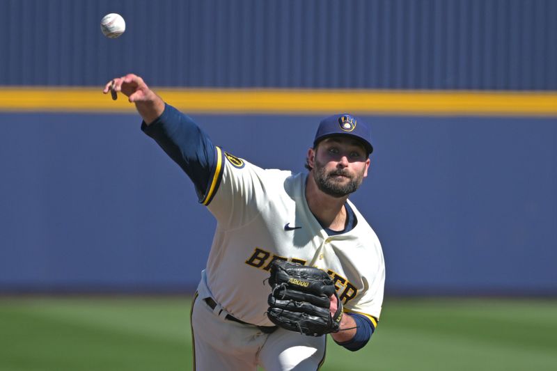 Feb 21, 2026; Phoenix, Arizona, USA;  Milwaukee Brewers pitcher Garrett Stallings (97) delivers to the plate in the first inning against the against the Cleveland Guardians at American Family Fields of Phoenix. Mandatory Credit: Jayne Kamin-Oncea-Imagn Images