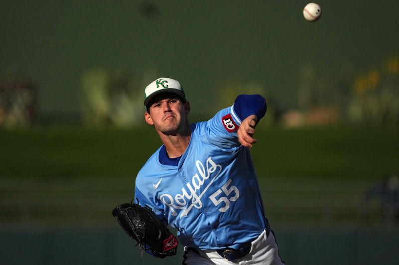 Mar 17, 2024; Surprise, Arizona, USA; Kansas City Royals starting pitcher Cole Ragans (55) pitches against the Milwaukee Brewers during the second inning at Surprise Stadium. Mandatory Credit: Joe Camporeale-USA TODAY Sports