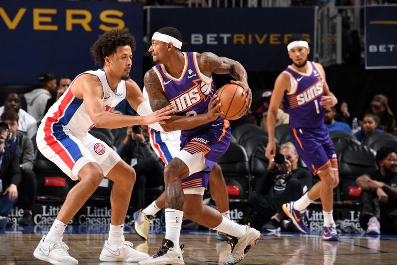 DETROIT, MI - OCTOBER 8: Bradley Beal #3 of the Phoenix Suns handles the ball during the game against the Detroit Pistons on October 8, 2023 at Little Caesars Arena in Detroit, Michigan. NOTE TO USER: User expressly acknowledges and agrees that, by downloading and/or using this photograph, User is consenting to the terms and conditions of the Getty Images License Agreement. Mandatory Copyright Notice: Copyright 2023 NBAE (Photo by Chris Schwegler/NBAE via Getty Images)